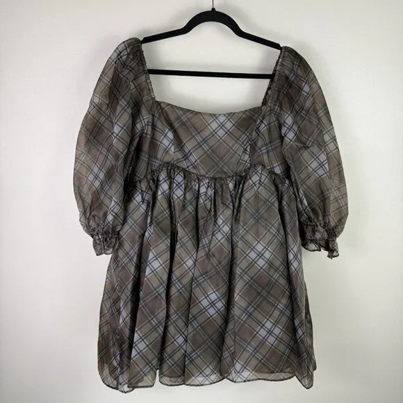 Selkie The Plaid Puff Dress Brown Black Organza Babydoll Mini Size Medium -  threedaughtersproperties.com